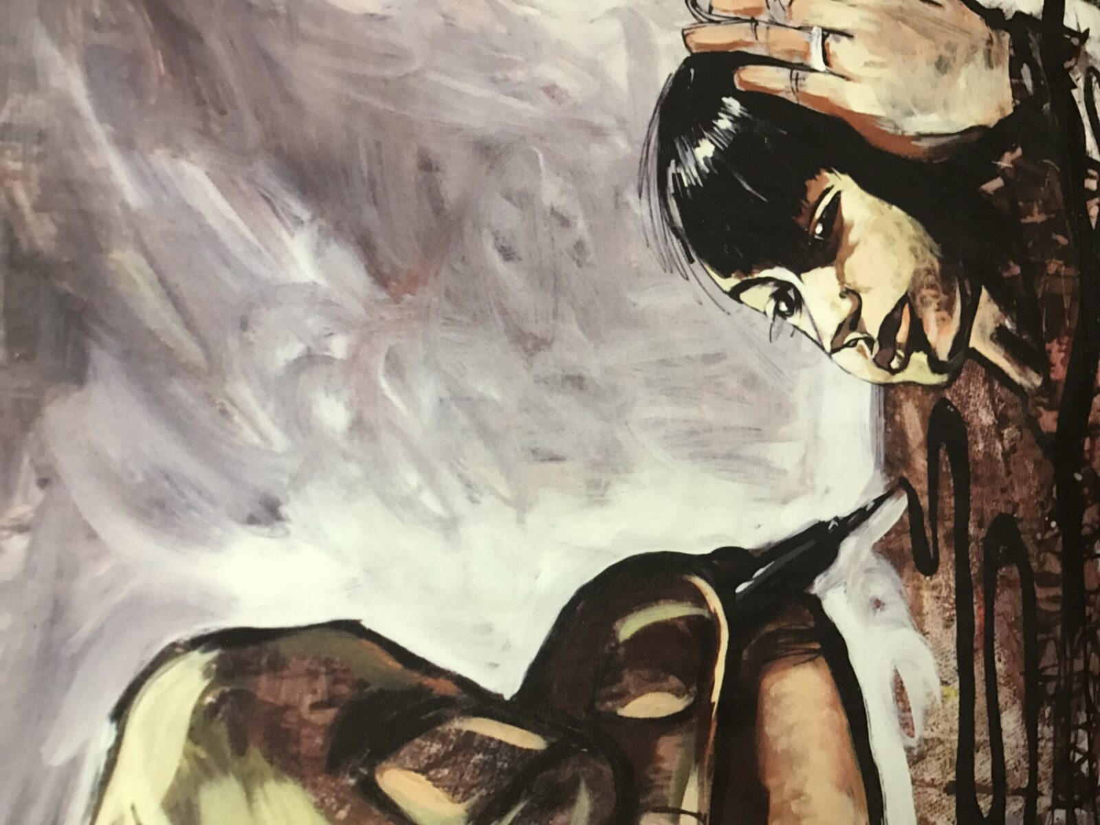 A contemplative person looks up at a large, abstract figure in a smoky environment.