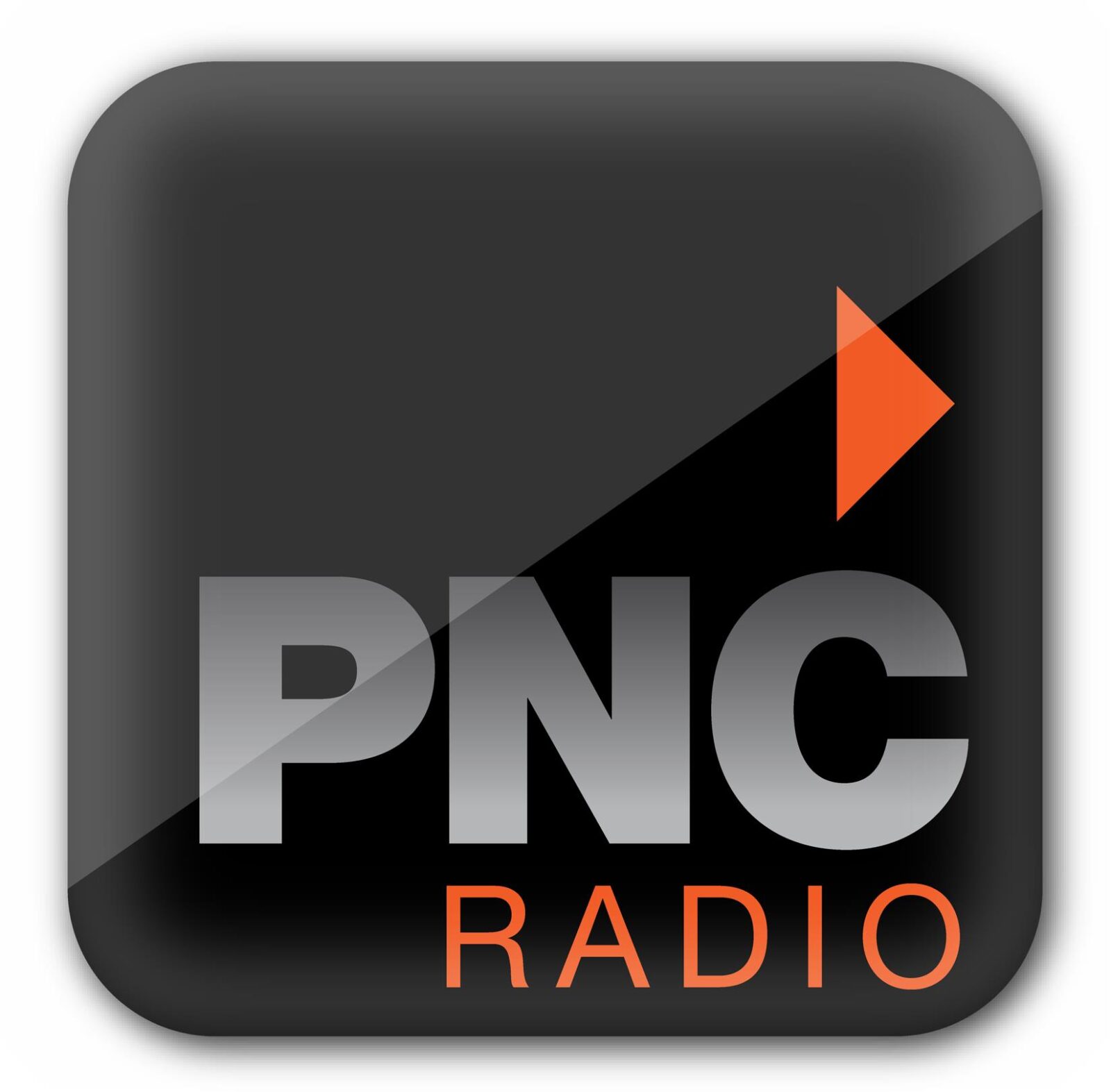 Logo of PNC Radio with a black background and orange play symbol.