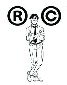 Man standing between copyright and registered symbols.