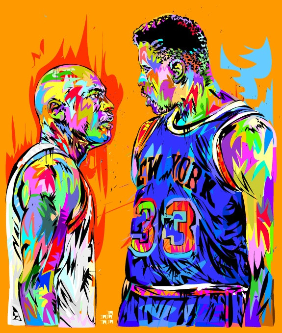 Colorful digital art of two intense basketball players facing off.