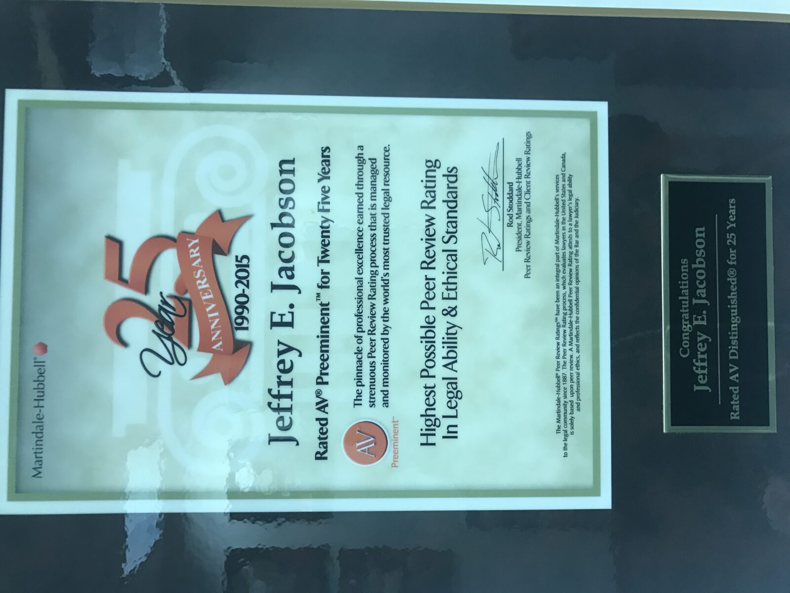 Jeffrey E. Jacobson received 25th Anniversary AV Rated