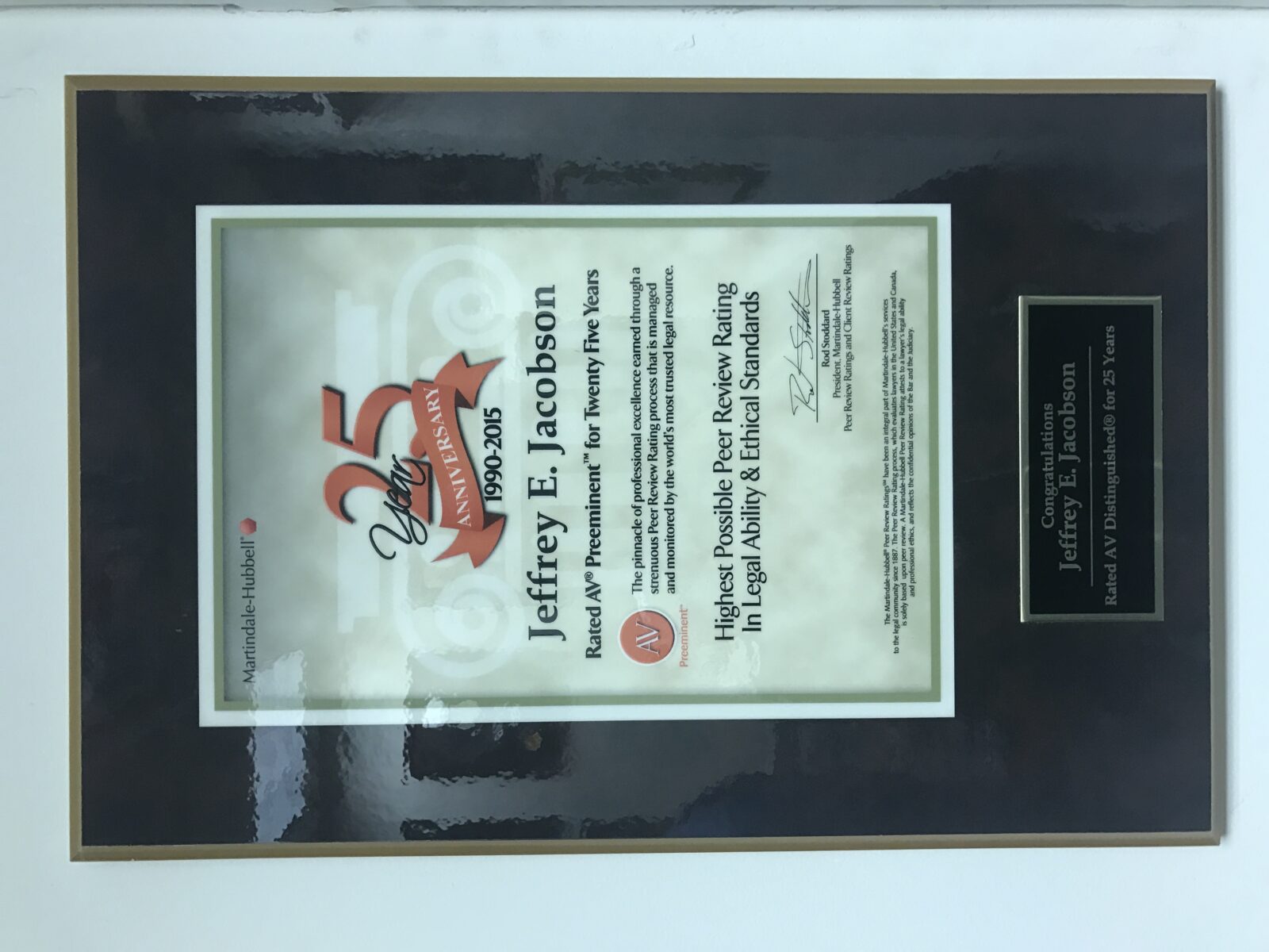 Jeffrey E. Jacobson received 25th Anniversary AV Rated