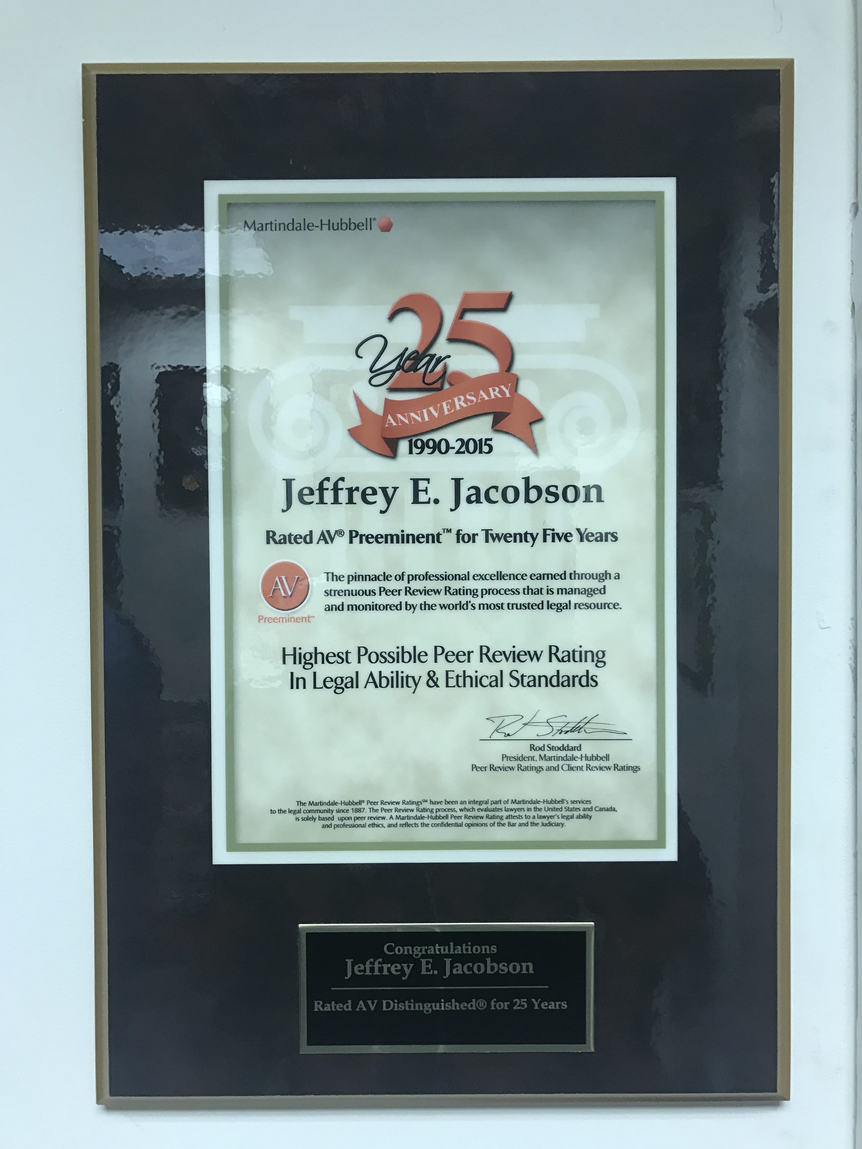 Jeffrey E. Jacobson received 25th Anniversary AV Rated