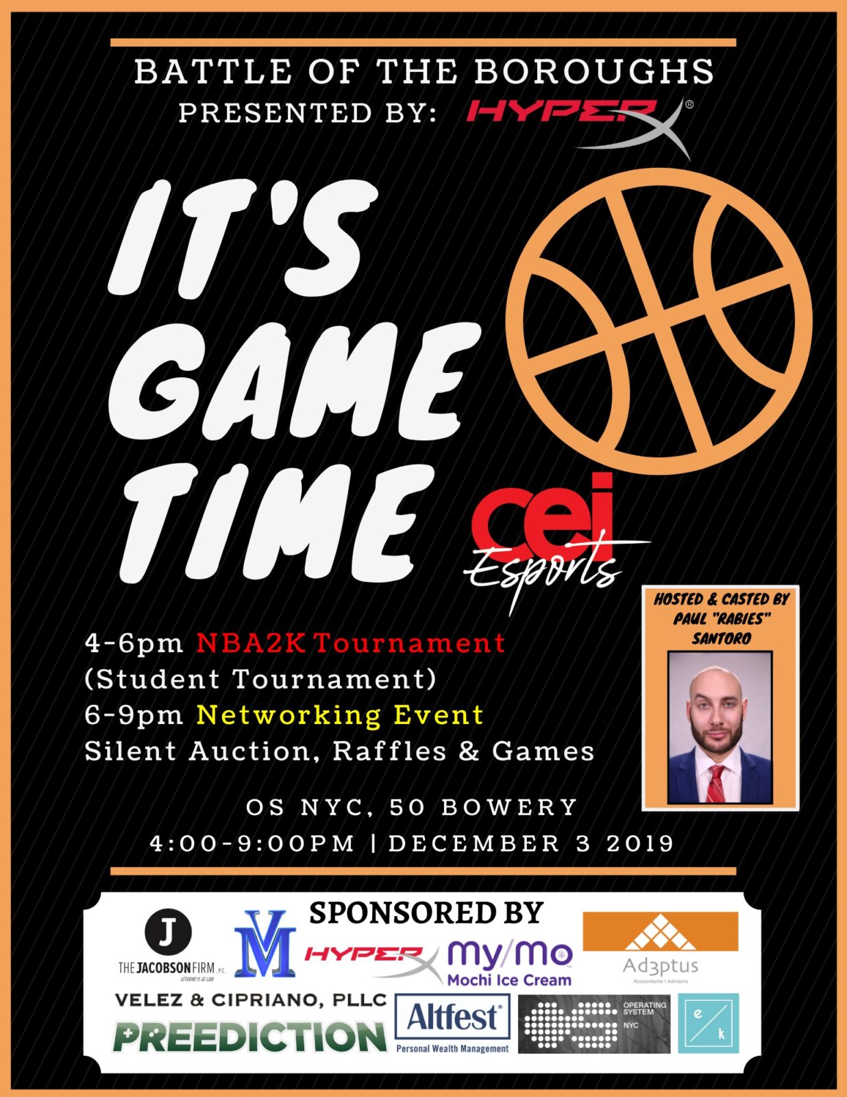 Basketball game announcement with event details and sponsors.