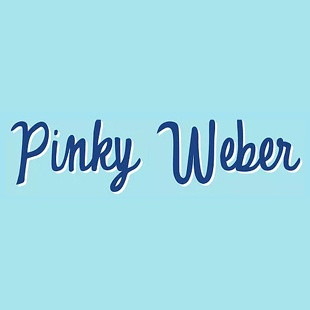 Logo with the name 'Pinky Weber' in blue script on a light blue background.