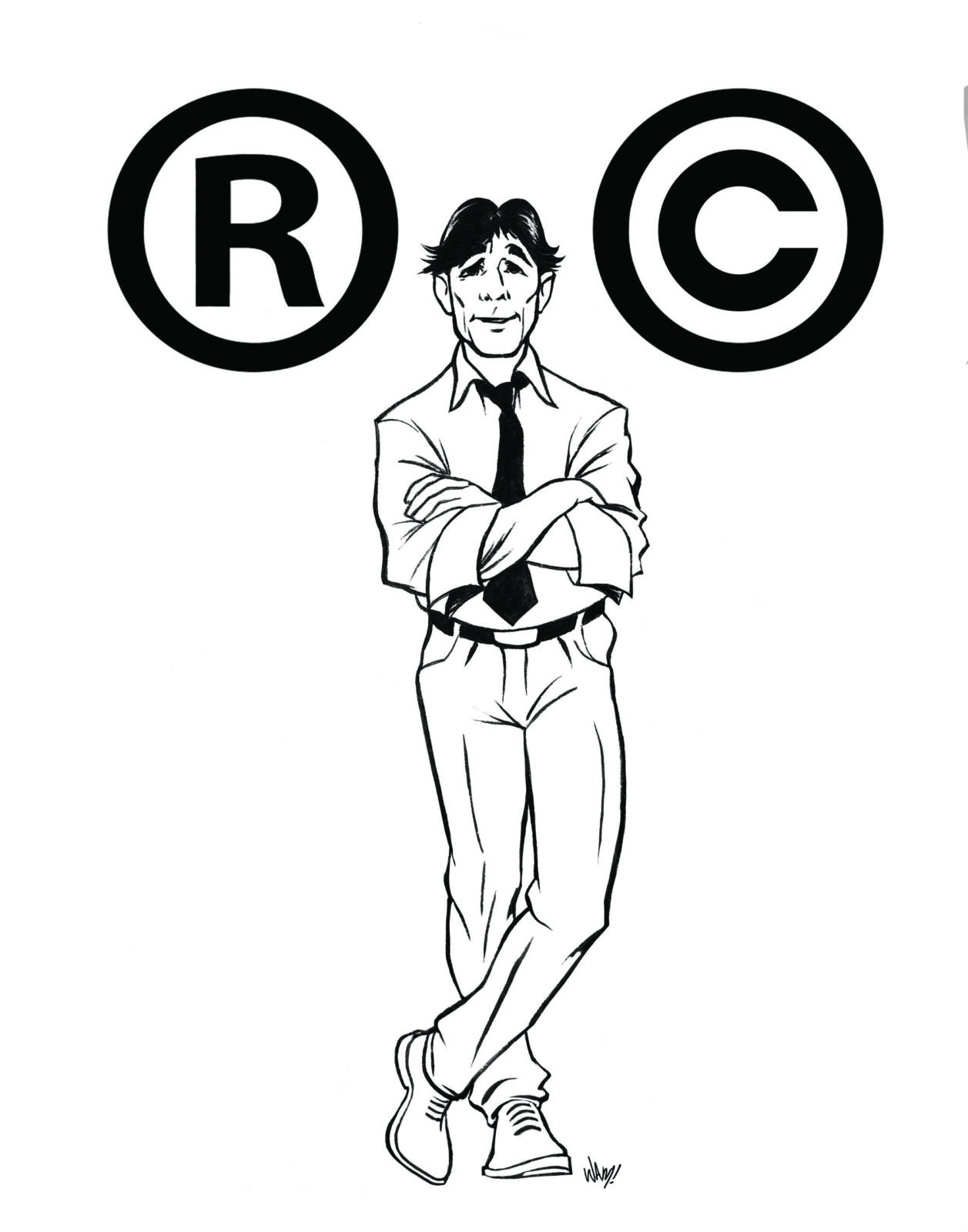 Confident man standing between copyright and registered trademark symbols.