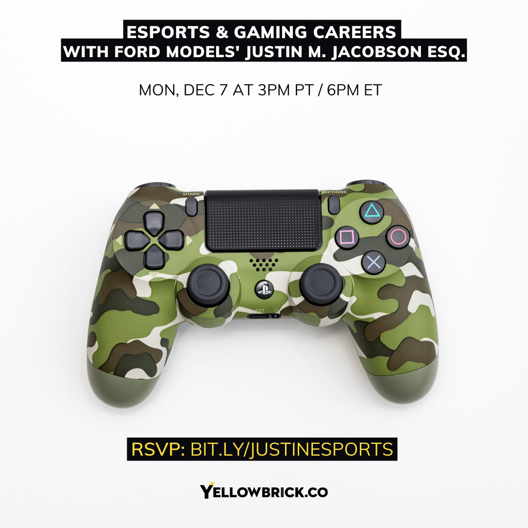 Camo-patterned PlayStation controller advertising esports and gaming careers event.