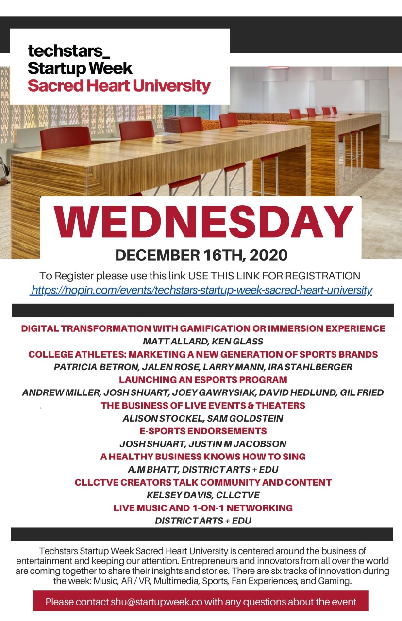 Poster for a December 16, 2020 event with multiple topics listed in red and purple text.