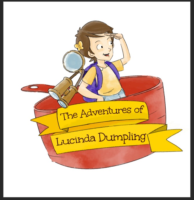 Illustration of a girl with a magnifying glass sitting on a red apple.