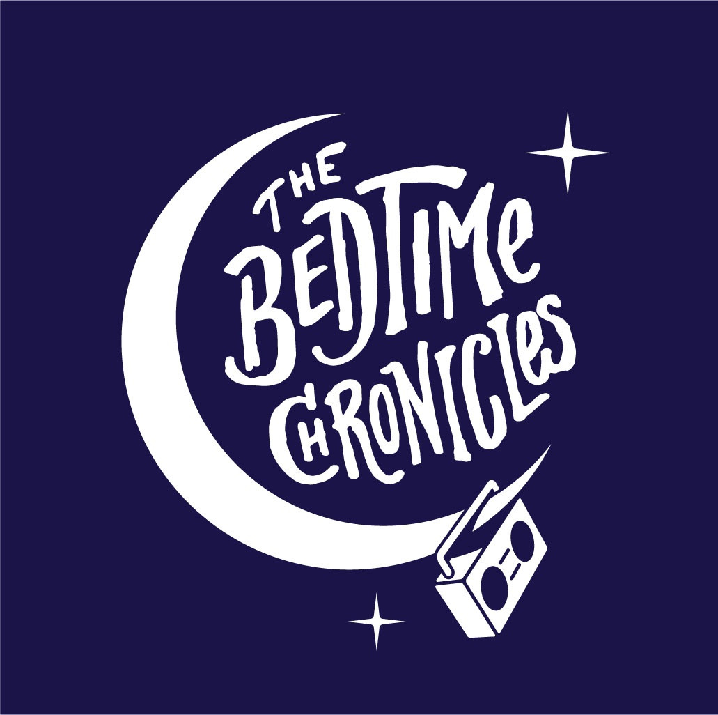 Logo with a crescent moon and text 'The Bedtime Chronicles' alongside a cassette tape.
