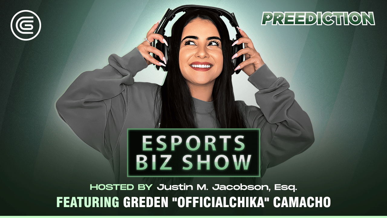 A happy woman wearing headphones promoting an esports business show.