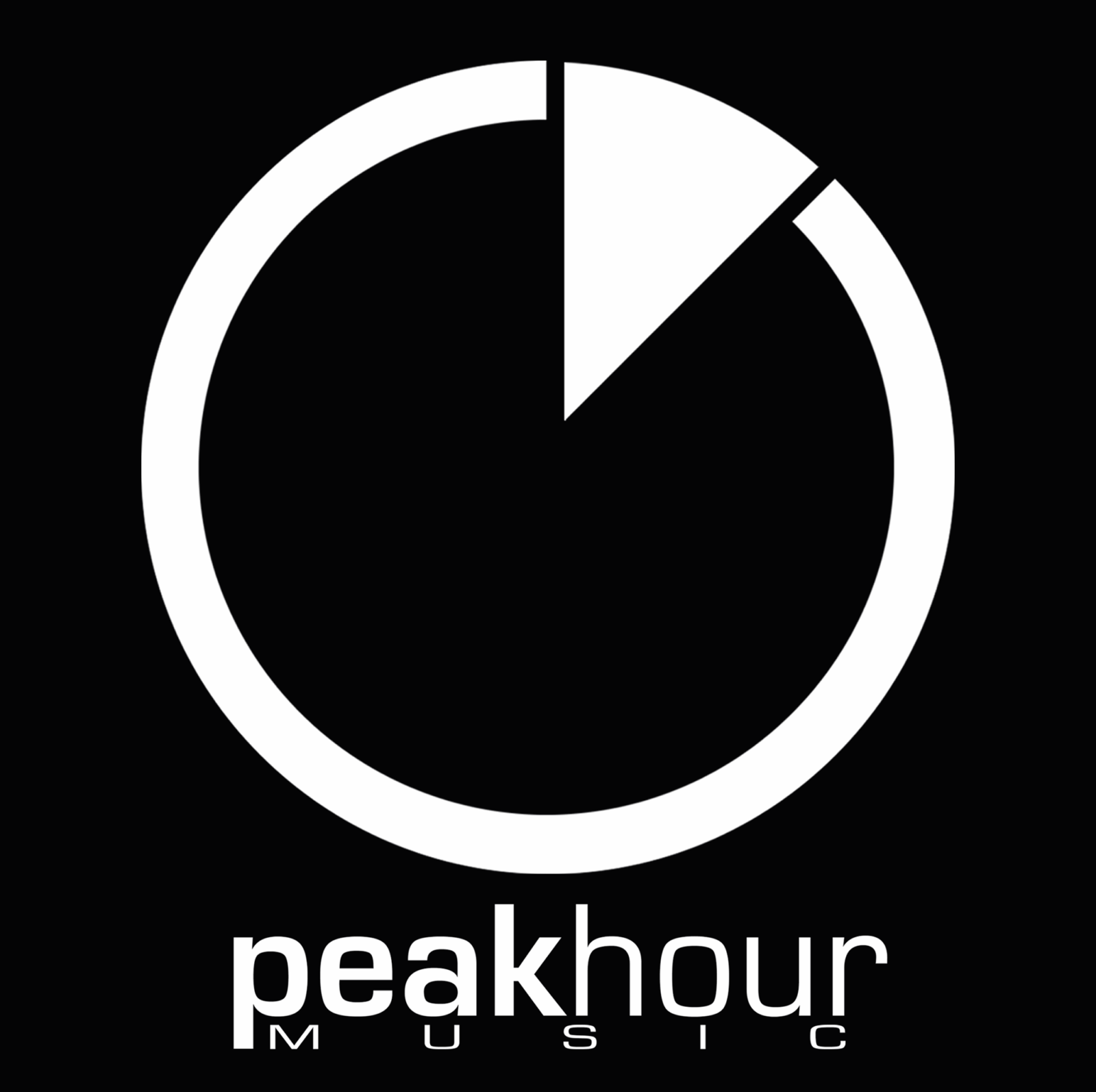Logo with a white circular clock and text 'peakhour music' on black background.
