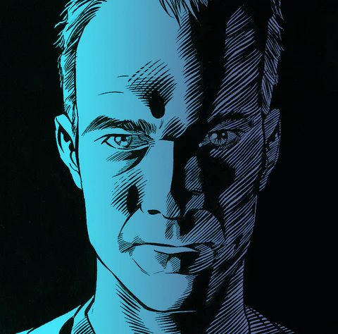 A dramatic, shadowed portrait of a man's face with blue lighting.