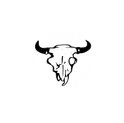 A monochrome logo featuring a bull skull with horns inside a circular frame.